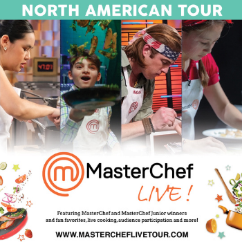 Four chefs competing in a cooking competition at MasterChef Live